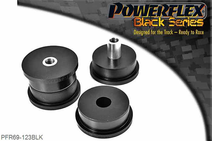 PFR69-123BLK, Subaru Impreza Turbo, WRX and Sti (GC,GF 93 - 00) Rear Diff Mount, Early RA & UK WRX Models, This bush fits the rear diff bracket as fitted to early JDM RA models and early UK WRX models, please check image to confirm correct mounting bracket. All other models use PFR69-122 where the rear diff mounts directly onto the subframe., 2 stuk(s) benodigd  per auto, 2 stuk(s) in verpakking, prijs per set van 2 stuk(s)
