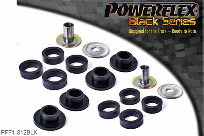 PFF1-812BLK, Alfa Romeo 147 (2000-2010), 156 (1997-2007), GT (2003-2010) Front Lower Wishbone Rear Bush, These bushes are designed to fit genuine control arms. If non genuine arms are fitted and you find the stainless steel sleeve not to fit onto the wishbone, please contact us with dimensions of the wishbone pin as you will require modified sleeves. There can be an issue with the pin diameter for PFF1-812 sleeves on non-genuine arms.   The genuine arms have a pin diameter of 20mm, the non genuine arms have a pin diameter of 21.3mm.  If you have arms with 21.3mm pin for the 812 bush then telephone and we will send you replacements. PFF1-812 kit also comes with different sized rings. Select the correct ring depending on the rear bracket fitted.   Use smaller ring (802b) with the aluminium bracket and 802c with the pressed steel bracket.   It is only possible to fit these bushes after removing the arms from the car.   For arms fitted with the pressed steel rear bracket the rubber bush may need to be burned out using a blowtorch, then the bracket cleaned up to ensure a good surface. WE RECOMMEND THE USE OF LOCTITE 648 OR 848 TO SECURE CENTRE SLEEVE TO ARM, 2 stuk(s) benodigd  per auto, 2 stuk(s) in verpakking, prijs per set van 2 stuk(s)