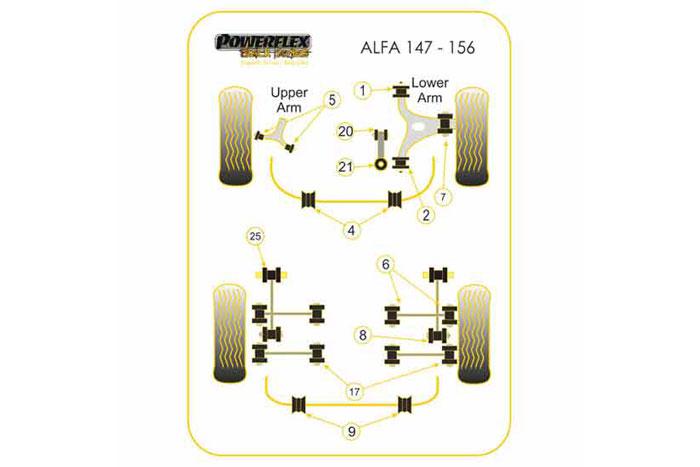 PFF1-807BLK, Alfa Romeo 147 (2000-2010), 156 (1997-2007), GT (2003-2010) Front Shock Lower Bush, This part fits into the front lower arm OEM part numbers 60652466, 60678135, 60686892, 50509339, 60652465, 60678134, 60686891, 50509340., 2 stuk(s) benodigd  per auto, 2 stuk(s) in verpakking, prijs per set van 2 stuk(s)