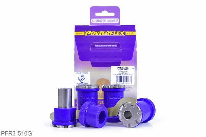 PFR3-510G, Audi TT Mk1 Typ 8N 4WD (1999-2006), Rear Arm Inner Bush Camber Adjustable These bushes offer on-car adjustment of the rear camber angles of up to 2 degrees. This part replaces OE numbers: 1J0505323L and 1J0505323N. For a non-adjustable version of this bush please use PFR3-510., 4 stuk(s) benodigd  per auto, 4 stuk(s) in verpakking, prijs per set van 4 stuk(s)