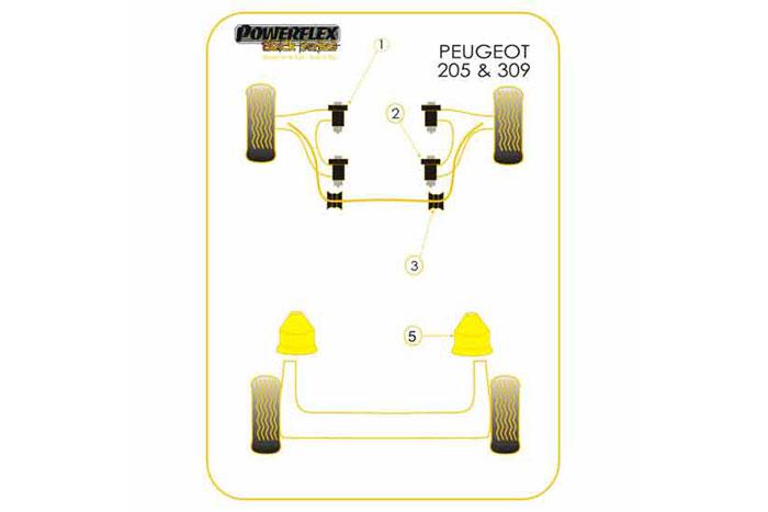 BS007, Peugeot 205 Gti and 309 Gti Bump Stop, Peugeot 205/309 GTi & 306 Rear, This bump stop fits the rear of the Peugeot 205 GTi, 309 GTi and 306 48.5mm x 61mm x 18mm, 2 stuk(s) benodigd  per auto, 2 stuk(s) in verpakking, prijs per set van 2 stuk(s)