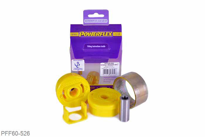 PFF60-526, Renault Megane II inc RS 225, R26 and Cup (2002 - 2008), Rear Lower Engine Mounting Bush This part replaces the larger bush in extruded bracket OE numbers: 8200500928 and 8200777542 to suit 1.4, 1.6 and 2.0L petrol engines and also 1.5L diesel engines. For vehicles with a cast bracket use PFF60-524 or a rubberized bracket use either PFF60-820 or PFF60-920. PFF60-526 is designed to allow a controlled amount of engine movement through voids in the material. The kit includes polyurethane inserts that can be fitted to further reduce engine movement, perfect for track days or vehicles running increased power., 1 stuk(s) benodigd  per auto, 1 stuk(s) in verpakking, prijs per set van 1 stuk(s)