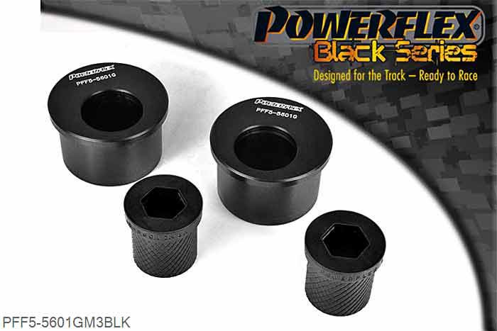 PFF5-5601GM3BLK, BMW E46 3 Series M3 Front Wishbone Rear Bush, Caster Offset, PFF5-5601GM3 offers additional +0.5 of caster over PFF5-5601M3 and is a high performance option to PFF5-4601M3, and aimed at offering greater precision for people wanting the very best from their E46 M3. Testing during the development of this bush has indicated stiffness gains of 190% compared with the original rubber bush. This new part, fitted to the rear of the front wishbone has a hard anodised aluminium outer shell with one of our unique low friction polyurethane centre bushes. The poly/alu combination creates a low friction rotating bush reducing the forces acting on the arm. Lower arm deflection has been decreased by reducing the compliant material within the aluminium shell. Results are less movement in the arm under cornering and braking, improving steering control and feel. For the M3 models which have a thicker wishbone. Please ensure you have the correct size bush before fitting. 60mm, 2 stuk(s) benodigd  per auto, 2 stuk(s) in verpakking, prijs per set van 2 stuk(s)