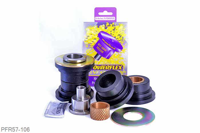PFR57-106, Porsche 964 (1989 - 1994), Rear Trailing Arm Front Bush PFR57-106 has been designed to replace the rear trailing arm front bush where the arm locates onto the chassis. These bushes are no longer available from Porsche unless you buy the complete arm at a cost of over 1000.00.  The RS model had a stiffer bush fitted over the standard non RS models, the Powerflex bush will upgrade the standard bushes to a similar stiffness to that of the RS version.  PFR57-106 comes with Oil Lite bearings to allow the arm to pivot freely allowing the suspension to work with no loading from the bush with positive location., 2 stuk(s) benodigd  per auto, 2 stuk(s) in verpakking, prijs per set van 2 stuk(s)