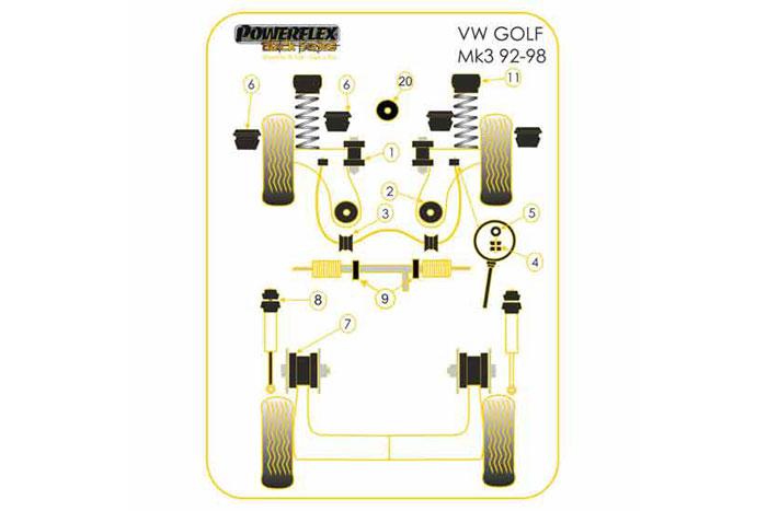 BS006, VW Golf MK3 2WD (1992 - 1998) Bump Stop, VW Front, BS 006 fit the front of the followig VW cars, the OE dust cover fits this bump stop. Volkswagen Corrado (1989 - 1995) Volkswagen Golf Mk 3 (1992-1998) Volkswagen Golf Mk2 (1985-1992) Volkswagen Golf Mk2 4WD inc G60, Rallye, Country Volkswagen Jetta (1985 - 1992) Volkswagen Vento (1992 - 1998) 54mm x 59mm x 19mm, 2 stuk(s) benodigd  per auto, 2 stuk(s) in verpakking, prijs per set van 2 stuk(s)