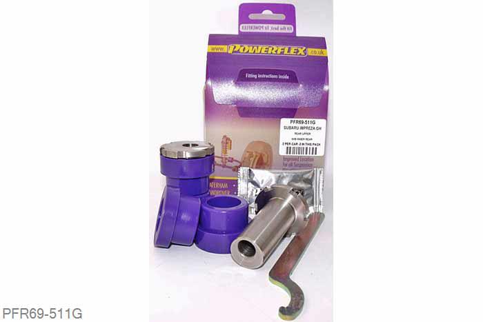PFR69-511G, Subaru Impreza including WRX and STi, (GH 10/07-12/10, GR 02/08-12/10), Rear Upper Arm Inner Rear Bush ADJUSTABLE This bush is designed to replace the rear upper control arm rear bush and is engineered to provide on car CAMBER adjustment with a range of +/- 1.0 degree,  as well as being of a low compliance design. This bush must be used in conjunction with PFR69-510G., 2 stuk(s) benodigd  per auto, 2 stuk(s) in verpakking, prijs per set van 2 stuk(s)