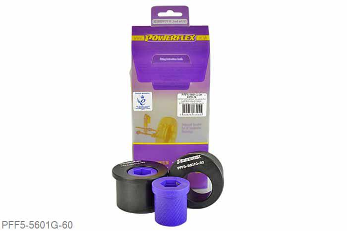 PFF5-5601G-60, BMW Z4 E85 and E86 (2003-2009), Front Wishbone Rear Bush, Caster Offset PFF5-5601G-60 offers additional +0.5 of caster over PFF5-5601-60 and is a high performance option to PFF5-4601-60, and aimed at offering greater precision for people wanting the very best from their E46 or Z4. This new part, fitted to the rear of the front wishbone has a hard anodised aluminium outer shell with one of our unique low friction polyurethane centre bushes. The poly/alu combination creates a low friction rotating bush reducing the forces acting on the arm. Lower arm deflection has been decreased by reducing the compliant material within the aluminium shell. Results are less movement in the arm under cornering and braking, improving steering control and feel. PFF5-5601-60 is for the earlier models with 60mm bore mounting bracket. Please ensure you have the correct size bush before fitting. Testing during the development of this bush has indicated stiffness gains of 128% compared with the original rubber bush. Our Black Series part increases siffness by 28%, to give an 190% increase in stiffness over the original part 60mm, 2 stuk(s) benodigd  per auto, 2 stuk(s) in verpakking, prijs per set van 2 stuk(s)