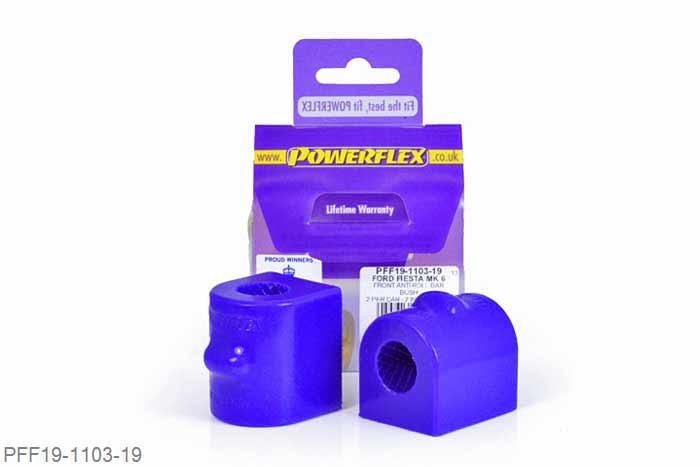 PFF19-1103-19, Ford Fiesta Mk6 inc ST and Fusion (2002-2008), Front Anti Roll Bar Bush 19mm This part replaces OE numbers: 1152852 and DD32-34-156. Please check anti roll bar diameter before ordering. 19mm, 2 stuk(s) benodigd  per auto, 2 stuk(s) in verpakking, prijs per set van 2 stuk(s)