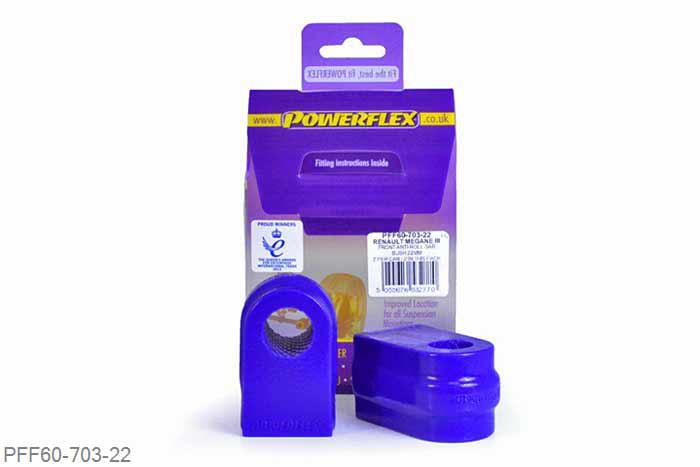 PFF60-703-22, Renault Megane III (2008 - ), Front Anti Roll Bar Bush - 22mm This part replaces OE numbers: 546120007R and 546120316R. Please check anti roll bar diameter before ordering. 22mm, 2 stuk(s) benodigd  per auto, 2 stuk(s) in verpakking, prijs per set van 2 stuk(s)