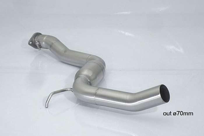 57.0094.00, Alfa Romeo 156 GTA 3.2 I V6 (184kW) Oversized Diameter 70mm Sedan + Sportwagon 2002-, Stainless steel centre silencer - Oversized exhaust pipe diameter 70 mm - install with 58.0674.56Cut of the original centre silencer towards the rear silencer. The installation on the original rear silencer requires a modification of the original coupling. pipe outer diameter 70mm outer outlet diameter 70mm