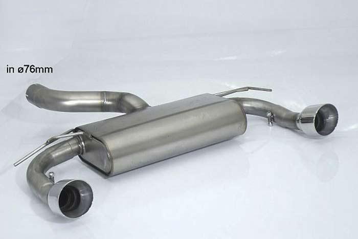 50.0449.62, Ford Focus II RS 2.5 Turbo (224kW) Oversized Diameter 76mm 2009-, Stainless steel rear silencer left/right each with Sport Line tail pipe 108 mm - Oversized exhaust pipe diameter 76 mm - install with 55.0364.00Oversized exhaust pipe diameter. Not compatible with the pipe diameter of the original line., To be instaled together with 55.0364.00 inner input diameter 76mm pipe outer diameter 76mm