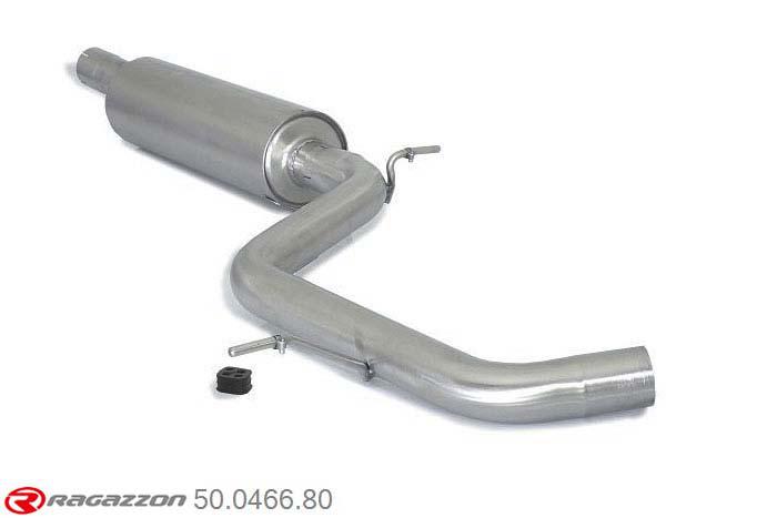 50.0466.80, VW Golf VII 2.0TSI GTi (162/169kW) 2013-, Stainless steel centre silencer - Oversized exhaust pipe diameter 70 mmCut of the original centre silencer. For the installation on the original rear silencer is necessary to order a coupling, which is indicated in the catalogue.