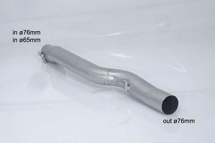 55.0444.00, Audi S/RS S1(8X) Sportback 2.0TFSI Quattro (170kW) Oversized Diameter 76mm 2014-, Stainless steel centre pipe group N - Oversized exhaust pipe diameter 76 mmCut of the original centre silencer towards the rear silencer. The installation on the original rear silencer requires a modification of the original coupling. inner input diameter 76mm with reduction to  65mm pipe outer diameter 76mm outer outlet diameter 76mm