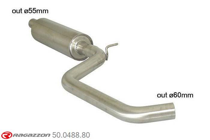 50.0488.80, Audi A3 (typ 8V) 2012- 1.4TFSI (92kW) 2013-, Stainless steel centre silencer - Oversized exhaust pipe diameter 60 mmCut of the original centre silencer. For the installation on the original rear silencer is necessary to order a coupling, which is indicated in the catalogue. outer input diameter 55mm pipe outer diameter 60mm outer outlet diameter 60mm