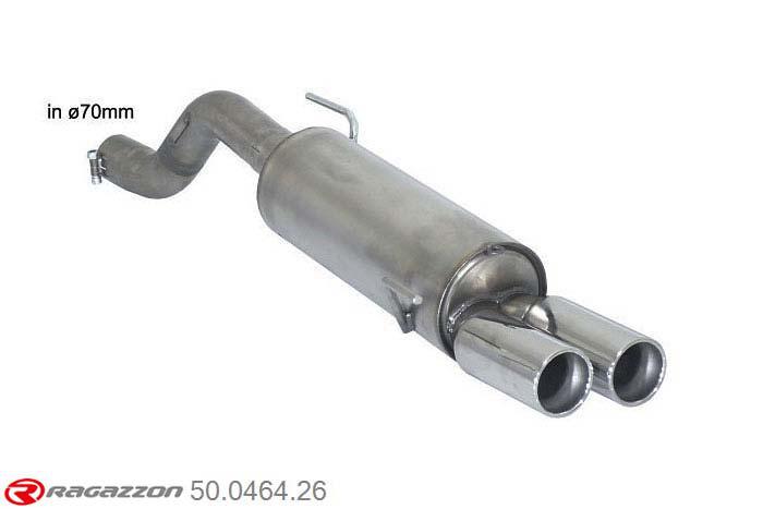 hoofdafbeelding 50.0464.26, Abarth Grande Punto Evo Abarth 1.4 Turbo Multiair (120kW) Oversized Diameter 70mm 10/2009-, Stainless steel rear silencer with round tail pipe 2x80 mm staggered - Oversized exhaust pipe diameter 70 mm - install with 57.0085.00 / 55.0404.00Oversized exhaust pipe diameter. Not compatible with the pipe diameter of the original line., To be instaled together with 57.0085.00 o 55.0404.00 inner input diameter 70mm pipe outer diameter 70mm