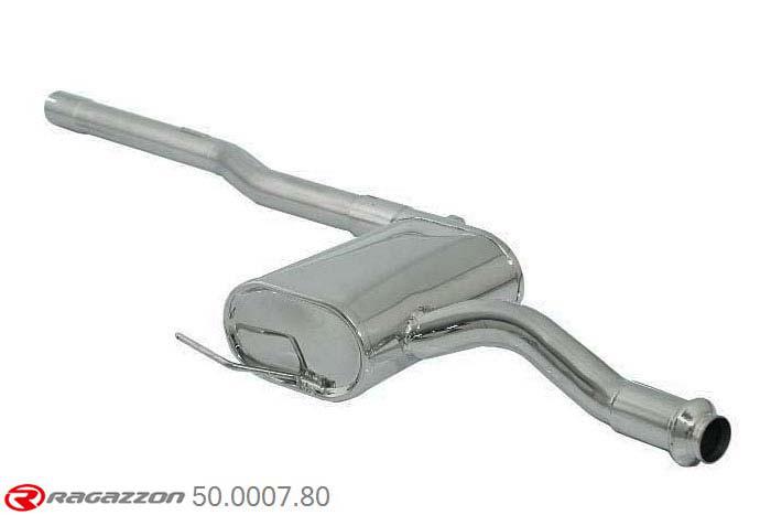 50.0007.80, Fiat Bravo (typ182) 1.6 (66kW) - 1.6 16V (76kW) 1995 - 2006, Stainless steel centre silencerCut of the original centre silencer towards the rear silencer. The installation on the original rear silencer requires a modification of the original coupling. inner input diameter 53mm pipe outer diameter 54mm