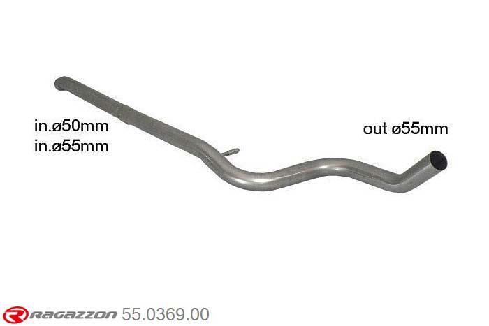 55.0369.00, Peugeot 208 XY 1.6 16V THP (115kW) 2012-, Stainless steel centre pipe group N - Oversized exhaust pipe diameter 54 mmCut of the original centre silencer towards the flexible pipe and subsequent connection. Cut of the original centre silencer towards the original rear silencer. The installation on the original rear silencer requires a modification of the original coupling. inner input diameter 55mm with reduction to  50mm pipe outer diameter 54mm outer outlet diameter 55mm