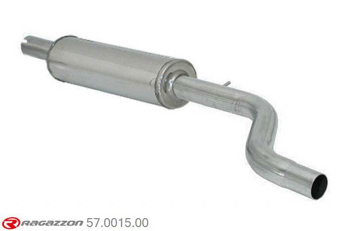 57.0015.00, Fiat Punto (typ176) 1.2 16V Sporting 1997 - 12/1998, Stainless steel centre silencerCut of the original centre silencer towards the rear silencer. The installation on the original rear silencer requires a modification of the original coupling. inner input diameter 45mm with reduction to  43mm pipe outer diameter 45mm outer outlet diameter 40mm
