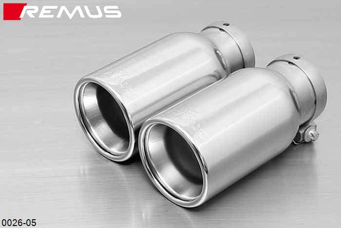 0026 05, BMW 3 Series E30, 3/1, Sedan / Touring / Coupe 320i / 325i with Cat, Remus Tail pipe set 2 tail pipes round 90 mm, chromed, with adjustable spherical clamp connection