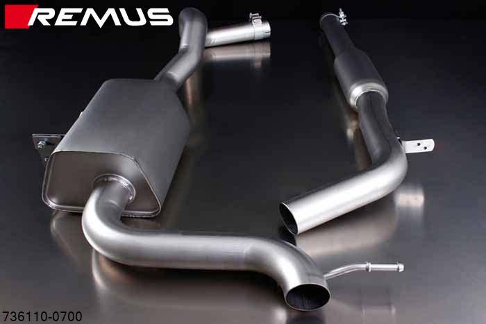 736110 0700, Renault Megane III RS Coupe, type Z, Year 2010- , 2.0l TCE 184 kW (F4RM8), Megane III RS Coupe, type Z, Year 2012, 2.0l 191 kW (F4RM8), 2.0l 195 kW (F4RM8), Remus sport exhaust centered, cat-back, incl. front silencer, fits in combination with the original rear skirt integrated tail pipe