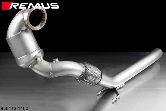 955113 1100, Seat Leon Cupra ST, type 5F, Year 2014- , 2.0l TSI 195 kW (CJXE), 2.0l TSI 206 kW (CJXA), 2.0l TSI 213 kW (CJXH), Remus RACING downpipe, with sport catalytic convertor (200 CPSI), without homologation, can only be installed in combination with the REMUS cat-back sectionREMUS tube round 70 mm