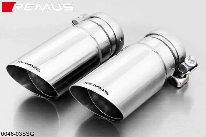 0046 03SSG, Mercedes CLA 250 (260) 2WD and 4matic, C117, Year 2013- , 2.0l 155 kW, Remus Tail pipe set L/R consisting of 4 tail pipes round 76 mm angled/angled, straight cut, chromed, with adjustable spherical clamp connection