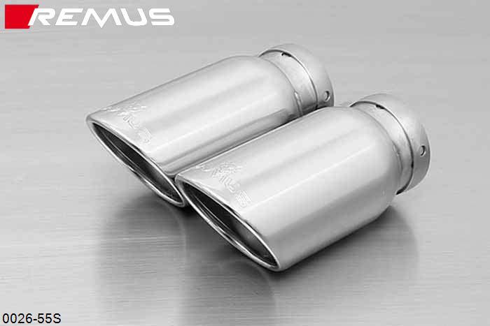 0026 55S, BMW 3 Series E30, 3/1, Sedan / Touring / Coupe 320i / 325i with Cat, Remus Tail pipe set 2 tail pipes round 84 mm angled, chromed, with adjustable spherical clamp connection