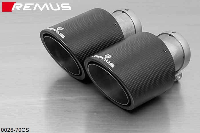 0026 70CS, Abarth 500 Abarth, type 312, Year 2007- , 1.4l 99 kW, Remus Tail pipe set L/R consisting of 2 Carbon tail pipes round 102 mm angled, Titanium internals, with adjustable spherical clamp connection