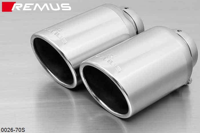 0026 70S, Audi TT, Coupe and Cabrio, Typ 8S, FWD and Quattro, type 8S, Year 2014- , 2.0l TFSI 169 kW, Remus Tail pipe set L/R consisting of 2 tail pipes round 102 mm angled, chromed, with adjustable spherical clamp connection