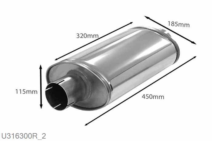 U316300R, demper Super ovaal 115/185, Lengte 320mm, 63,5mm (2,5 inch), RVS, Simons, 63,5mm (2,5 inch) binnendiameter, klem verbinding (wordt geleverd zonder klem)
