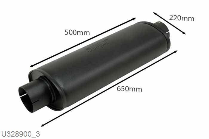 U328900, demper Grand ovaal 140/220, Lengte 500mm, 90mm (3,5 inch), Staal, Simons, Universeel, 90mm (3,5 inch) binnendiameter, klem verbinding (wordt geleverd zonder klem)