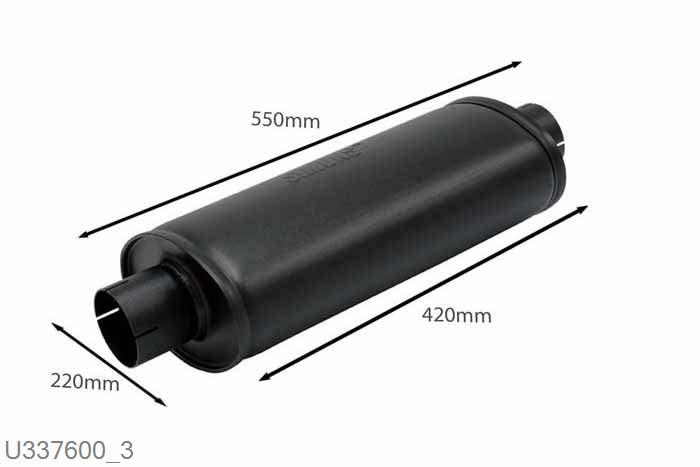 U337600, demper Turbolight ovaal 140/220, Lengte 420mm, 76mm (3 inch), Staal, Simons, Universeel, 76mm (3 inch) binnendiameter, klem verbinding (wordt geleverd zonder klem)