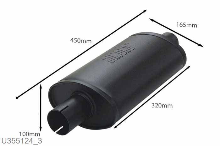 U355124, demper Small ovaal 100/165, Lengte 315mm, 50,8mm (2 inch), Staal, Simons, Universeel, 50,8mm (2 inch) binnendiameter, klem verbinding (wordt geleverd zonder klem)