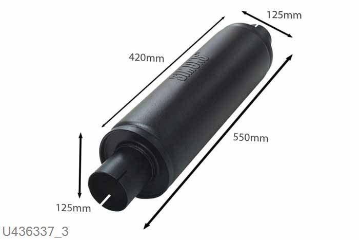 U436337, demper Slim rond 125, Lengte 420mm, 63,5mm (2,5 inch), Staal, Universeel, Simons, 63,5mm (2,5 inch) binnendiameter, klem verbinding (wordt geleverd zonder klem)