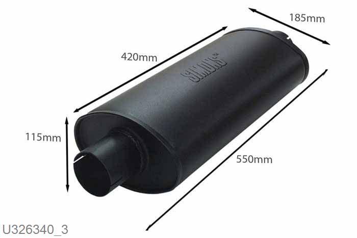 U326340, demper Big ovaal 115/185, Lengte 420mm, 63,5mm (2,5 inch), Staal, Universeel, Simons, 63,5mm (2,5 inch) binnendiameter, klem verbinding (wordt geleverd zonder klem)