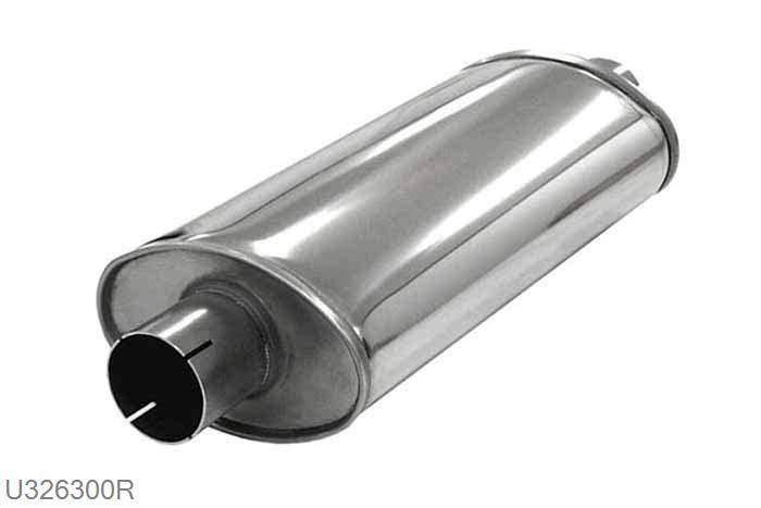 U326300R, demper Big ovaal 115/185, Lengte 420mm, 63,5mm (2,5 inch), RVS, Simons, 63,5mm (2,5 inch) binnendiameter, klem verbinding (wordt geleverd zonder klem)