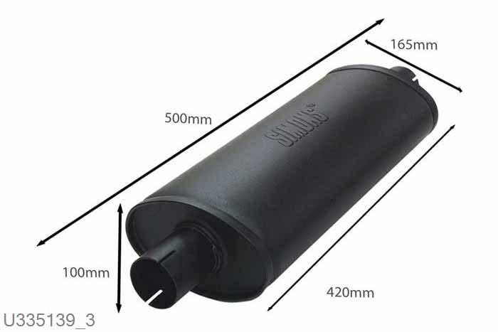U335139, demper MEDIUM ovaal 100/165, Lengte 420mm, 50,8mm (2 inch), Staal, Simons, Universeel, 50,8mm (2 inch) binnendiameter, klem verbinding (wordt geleverd zonder klem)