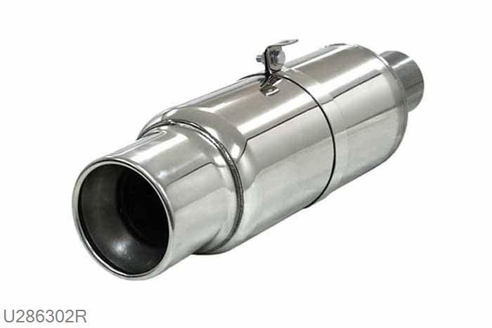 U286302R, einddemper Sprint XL rond 140mm, Lengte 400mm, 63,5mm (2,5 inch), RVS, Simons, 63,5mm (2,5 inch) binnendiameter, klem verbinding (wordt geleverd zonder klem)