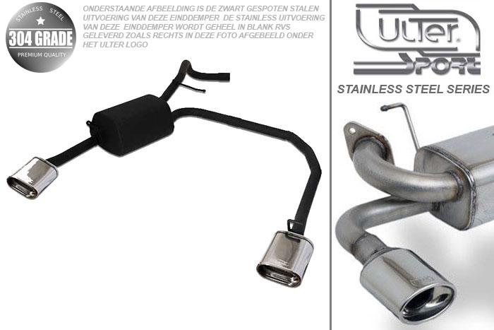 Ulter Sport, Einddemper L+R, Geheel RVS, Enkel plat ovaal 145x75mm, Skoda, FABIA I, 1.0 37kW, 1.2 40/47kW, 1.4 44/50kW, 1.4 16V 55/74kW, 1.4 TDI 55kW, 1.9 SDI  47kW, 1.9 TDI 74kW, HATCHBACK, Pasklaar, Past op originele middendemper/katalysator