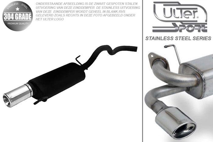 Ulter Sport, Einddemper, Geheel RVS, Enkel Rond 100mm, VW, POLO  6N, 1.0 33kW, 1.3 40kW, 1.4 44kW, 1.6 55kW, 95 - 01, Pasklaar, Past op originele middendemper/katalysator