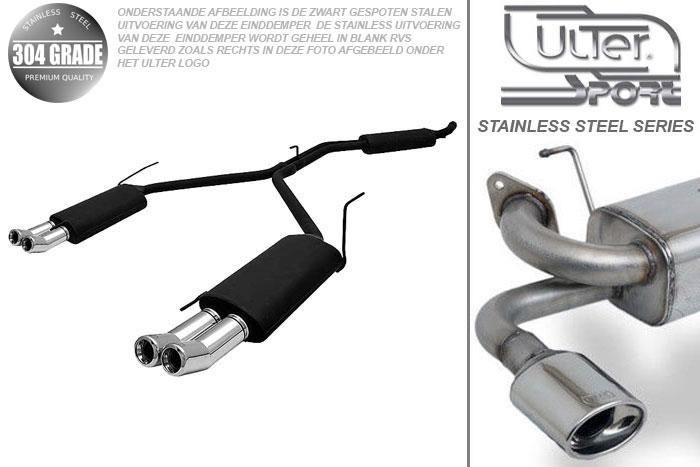 Ulter Sport, Einddemper L+R, Geheel RVS, Dubbel Rond 80mm DTM, VW, VW T4, 2.0 62kW, 2.5 81kW, 2.8VR6 103kW, 2.4D 57kW, 2.5 TDi 65/75/111kW, 92-03, Pasklaar, Past op originele middendemper/katalysator