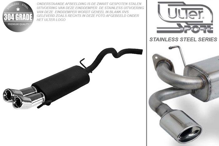 Ulter Sport, Einddemper, Geheel RVS, Dubbel Rond 80mm DTM, VW, POLO  6N, 1.0 33kW, 1.3 40kW, 1.4 44kW, 1.6 55kW, 95 - 01, Pasklaar, Past op originele middendemper/katalysator