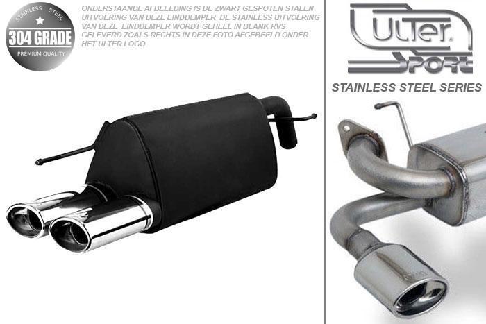 Ulter Sport, Einddemper, Geheel RVS, Dubbel Ovaal 95x65mm, Fiat, GRANDE PUNTO, 1.2 48kW. 1.4 57kW, 1.4 16V 70kW, 05-, Pasklaar, Past op originele middendemper/katalysator