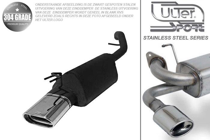 Ulter Sport, Einddemper, Geheel RVS, Enkel plat ovaal 145x75mm, Fiat, STILO, 1.2 59kW, 1.6 76kW, 1.8 98kW, 1.9JTD 59/85/103kW, 01-  HATCHBACK  3D and 5D, Pasklaar, Past op originele middendemper/katalysator