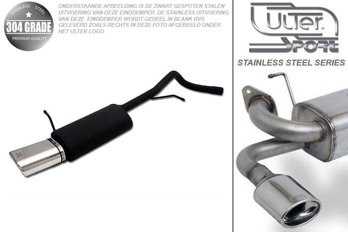 Ulter Sport, Einddemper, Geheel RVS, Enkel plat ovaal 145x75mm, Skoda, FABIA I, 1.0 37kW, 1.2 40/47kW, 1.4 44/50kW, 1.4 16V 55/74kW, 1.4 TDI 55kW, 1.9 SDI  47kW, 1.9 TDI 74kW, HATCHBACK, Pasklaar, Past op originele middendemper/katalysator