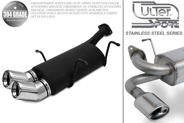 Ulter Sport, Einddemper, Geheel RVS, Dubbel Rond 80mm DTM, Suzuki, SWIFT, 1.0 37/39/41kW, 1.3 47//50/52/54kW, 89-05  SEDAN, Pasklaar, Past op originele middendemper/katalysator