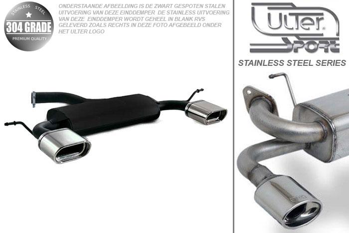 Ulter Sport, Einddemper L+R, Geheel RVS, Enkel plat ovaal 145x75mm, VW, GOLF V, 1.4 55kW, 1.4 FSi 66kW, 1.6 75kW, 1.6 FSi 85kW, 2.0 FSi 110kW, 2.0 Sdi 55kW, 1.9 TDi 66/77kW, 2.0 TDi 100/103kW, 2003-, Pasklaar, Past op originele middendemper/katalysator