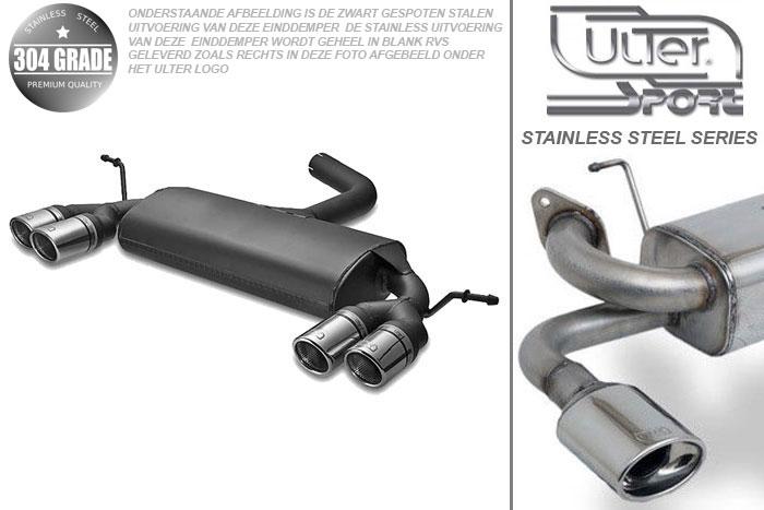 Ulter Sport, Einddemper L+R, Geheel RVS, Dubbel Rond 70mm, VW, GOLF V, 1.4 55kW, 1.4 FSi 66kW, 1.6 75kW, 1.6 FSi 85kW, 2.0 FSi 110kW, 2.0 Sdi 55kW, 1.9 TDi 66/77kW, 2.0 TDi 100/103kW, 2003-, Pasklaar, Past op originele middendemper/katalysator