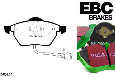 DP2836, Audi A4 quattro (B5), 1.9 TDI 1997-1999, EBC Greenstuff remblokken set vooras, Voor modellen met ATE remklauwen aan de vooras, Voor modellen met een remschijf diameter 288mm