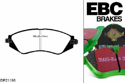 DP21196, Daewoo Nubira, 1.8 2005-2008, EBC Greenstuff remblokken set vooras, Voor modellen met Akebono remklauwen aan de vooras, Voor modellen met een remschijf diameter 256mm